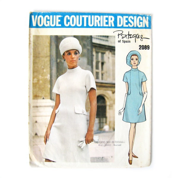 Vintage Pattern Vogue 2089 Couturier Design, Pertegaz, 1960s Mod Dress, Mad Men Style, High Fashion Dress, A-Line, Funnel Neckline, Size 12