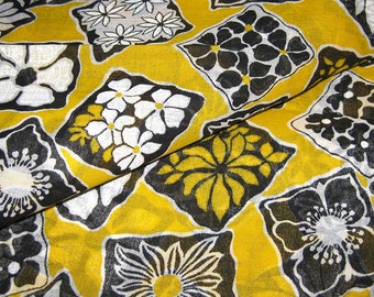 Vintage Cotton Fabric Mod Floral Print in Yellow Black and White, Dress Fabric, Sheer Cotton Fabric