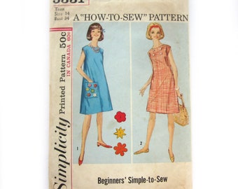 Vintage Dress Pattern, A-Line Sheath Dress, Pocket Floral Felt Appliques, Button Details, Sewing Pattern, Simplicity 5331 / Size 14 Teen