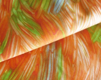 Vintage Cotton Sateen Fabric Bright Painterly Print in Oranges and Greens - All Cotton