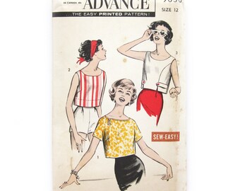 Vintage Sewing Pattern, Misses Cropped Tops, Summer Blouses, Advance 9030, 1950s Sewing Pattern, Gidget Style, Size 12 Bust 32