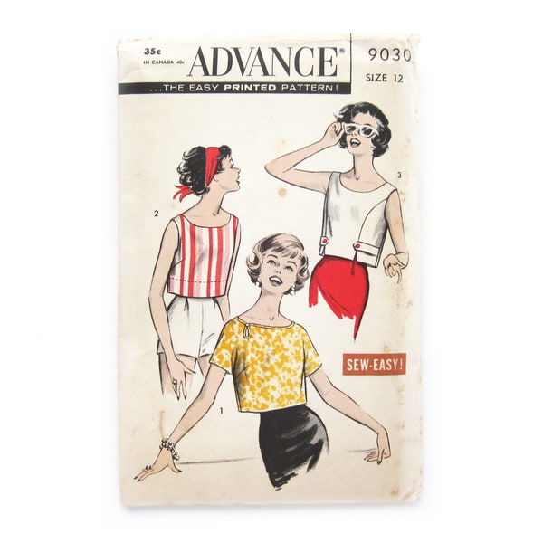 Vintage Sewing Pattern, Misses Cropped Tops, Summer Blouses, Advance 9030, 1950s Sewing Pattern, Gidget Style, Size 12 Bust 32