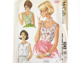 McCalls 6343 1960s Sexy Sleeveless Blouse Pattern, Scoop Neck, V Neck, Bateau Neck, Womens Vintage Sewing Pattern. Size 14 Bust 34 UNCUT F