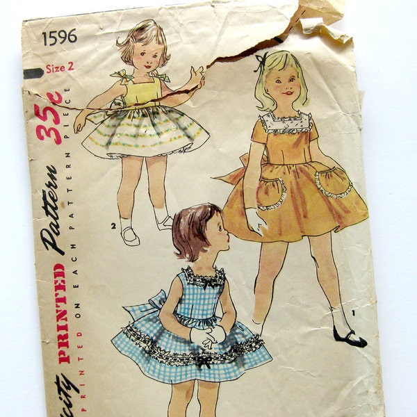 1956 Girls Vintage Dress Pattern - Sundress Party Dress Simplicity 1596 // Size 2