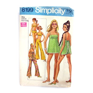 1969 Vintage Sewing Pattern, MOD Baby Doll Bathing Suit, Bra Top and Hip Hugger Pants, Wide Leg Pants, Swim Suit, Simplicity 8199  / Size 8