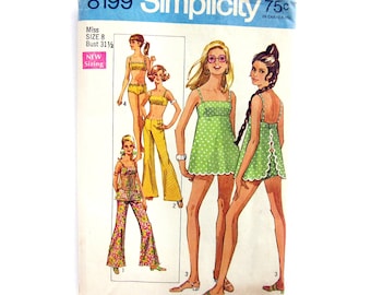 1969 Vintage Sewing Pattern, MOD Baby Doll Bathing Suit, Bra Top and Hip Hugger Pants, Wide Leg Pants, Swim Suit, Simplicity 8199  / Size 8