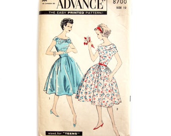 1950s 1960s Fit and Flair Dress, Full Skirt Dress with Grouped Pleats, Sewing Pattern, Wide Neckline, Rockabilly Style Dress, Teen Size 12,