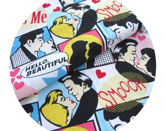 Mod Pop Art Cartoon Fabric, Kiss Me, True Love, Comic Book Style Illustrations of Couple Kissing, Valentine Crafts, Vintage Fabric, Kitsch
