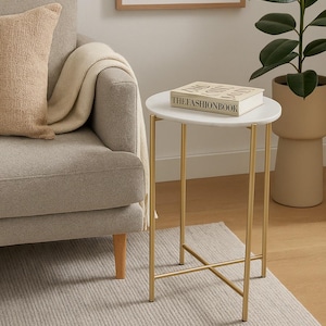 Naomi Nature White Marble Side Table with Gold Metal Base, Round Living Room Metal Side Table