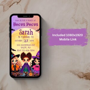 Pu&ograve; includere: Uno smartphone mostra un invito a tema Halloween. L'invito recita "Join us for a bunch of Hocus Pocus" e include i dettagli per una festa di compleanno. Il design presenta tre streghe dei cartoni animati.