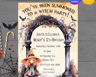 Può includere: Un invito a una festa di Halloween con un'illustrazione ad acquerello di una strega in piedi davanti a un arco di pietra con zucche. Il testo recita "You've been summoned to a witch party!" e "Join us to celebrate Wendy's 12th birthday, Saturday October 27th at 7pm, 112 Spooky Ln. Salem, MA. RSVP 123-456-7890. *Don't forget your costume*"