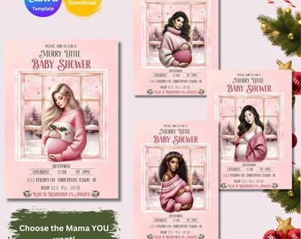 May include: Three pink and white baby shower invitations with a winter theme. Each invitation features a pregnant woman in a pink sweater and a crown. The text on the invitation reads "Please join us for a Merry Little Baby Shower".