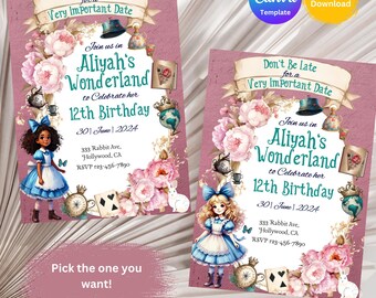 Peut inclure: Deux invitations sur fond floral rose et blanc pour un anniversaire de 12 ans. Les invitations présentent un thème d'Alice au pays des merveilles fantaisiste avec une fille vêtue d'une robe bleu et blanc. Le texte sur les invitations est le suivant : "Ne soyez pas en retard pour un rendez-vous très important. Rejoignez-nous dans le pays des merveilles d'Aliyah pour célébrer son 12e anniversaire. 30 juin 2024. 333 Rabbit Ave, Hollywood, CA. RSVP 123-456-7890."