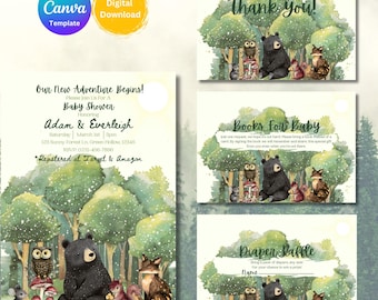 EDITABLE, Woodland Baby Shower Invitation Bundle, Forest Animals Baby Shower Package, Greenery Baby Shower Invitation, Woodland Animals