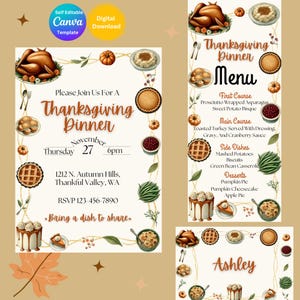 EDITABLE Thanksgiving Dinner Bundle, Thanksgiving Party Invite, Thanksgiving Invitation, Friendsgiving, Dinner Party, Thanksgiving Menu