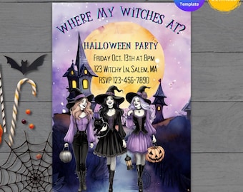 Può includere: Un invito per una festa di Halloween con tre streghe di fronte a una luna piena e una casa infestata. Il testo recita "WHERE MY WITCHES AT?" e include i dettagli della festa: venerdì 13 ottobre alle 20:00, 123 Witchy Ln, Salem, MA, e un numero di telefono.