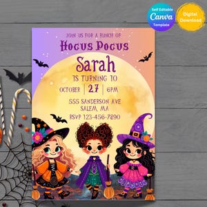 Könnte beinhalten: Eine Halloween-Einladung mit drei Cartoon-Hexen vor einem Vollmond. Die Einladung trägt die Aufschrift "Hocus Pocus" und enthält Party-Details: Sarahs 10. Geburtstag, 27. Oktober, 18 Uhr, sowie Adresse und RSVP-Nummer. Das Design umfasst Fledermäuse.