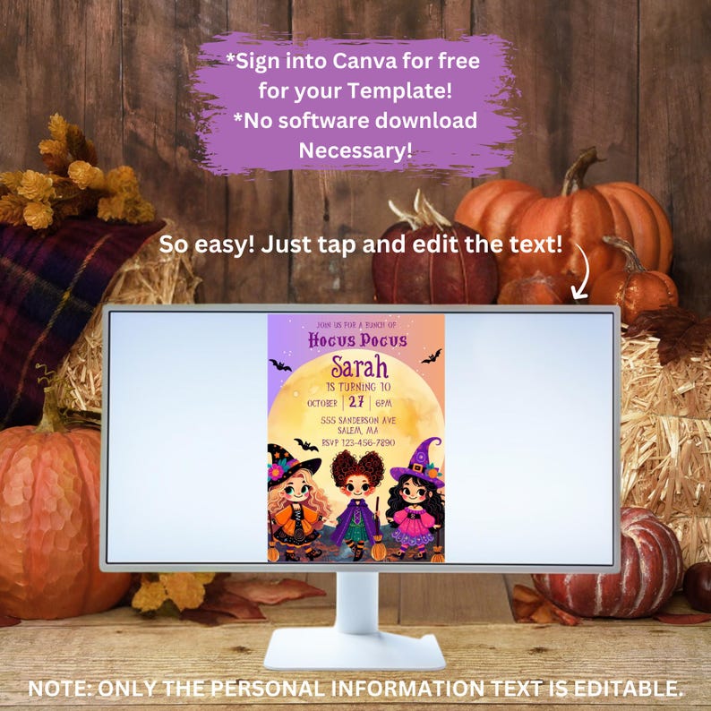 Pu&ograve; includere: Un monitor di computer mostra un invito di Halloween con il testo "Hocus Pocus" e il nome "Sarah". L'invito presenta illustrazioni di tre streghe. Il monitor &egrave; circondato da zucche, fieno e foglie autunnali. Il testo sullo schermo dice "Iscriviti gratuitamente a Canva".