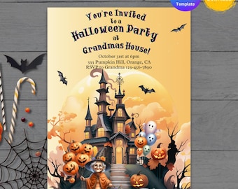 Può includere: Invito a una festa di Halloween con un'illustrazione di un cartone animato di una casa infestata, una strega che tiene un cesto di fiori e un mazzo di palloncini a forma di zucca. Il testo recita "You're Invited to a Halloween Party at Grandmas House! October 31st at 6pm 333 Pumpkin Hill, Orange, CA RSVP to Grandma 123-456-7890"