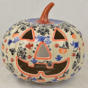 Kalich Polish Pottery UNIKAT Halloween Pumpkin Jack O Lantern 10" Boleslawiec