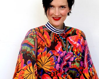 Multicolor Flared Sleeve Cotton Blouse for Women. Made to Order. Handmade in Sydney, Australia. Bright Floral with Stripe. Art Deco Inspired