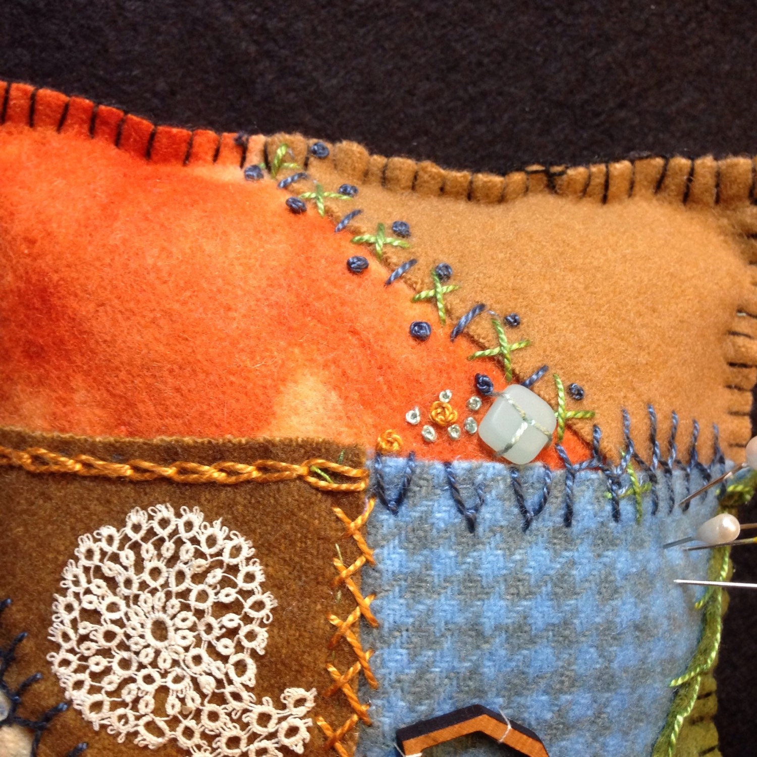 Crazy quilt wool felt pinchushion...scissor charm...tatted Etsy