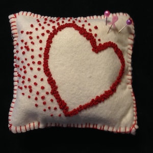 Wool Felt Heart Pincushion...French Knots...Negative Space..Blanket Stiches...Heart Pincushion..French Knot Heart Pincushion