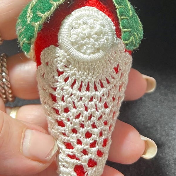 Strawberry Embroidered Pincushion...Crochet Twist Lampwork Berry Tie-On..Wool Felt Embroidered Leaves… crochet pineapple… Dorset Stumpwork