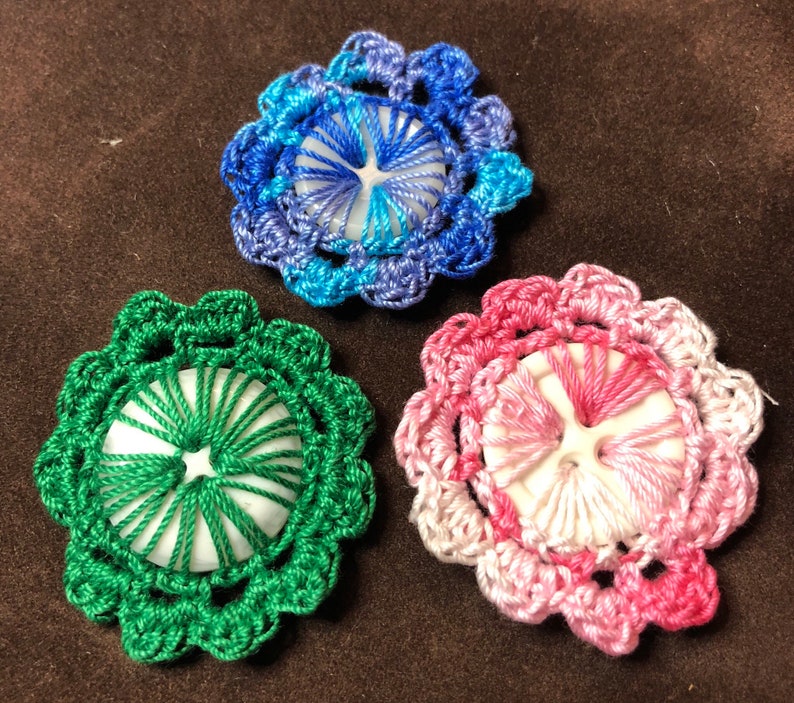 Hand Crochet Flower Buttons.Set of Three. Button Collector...Crochet Collector