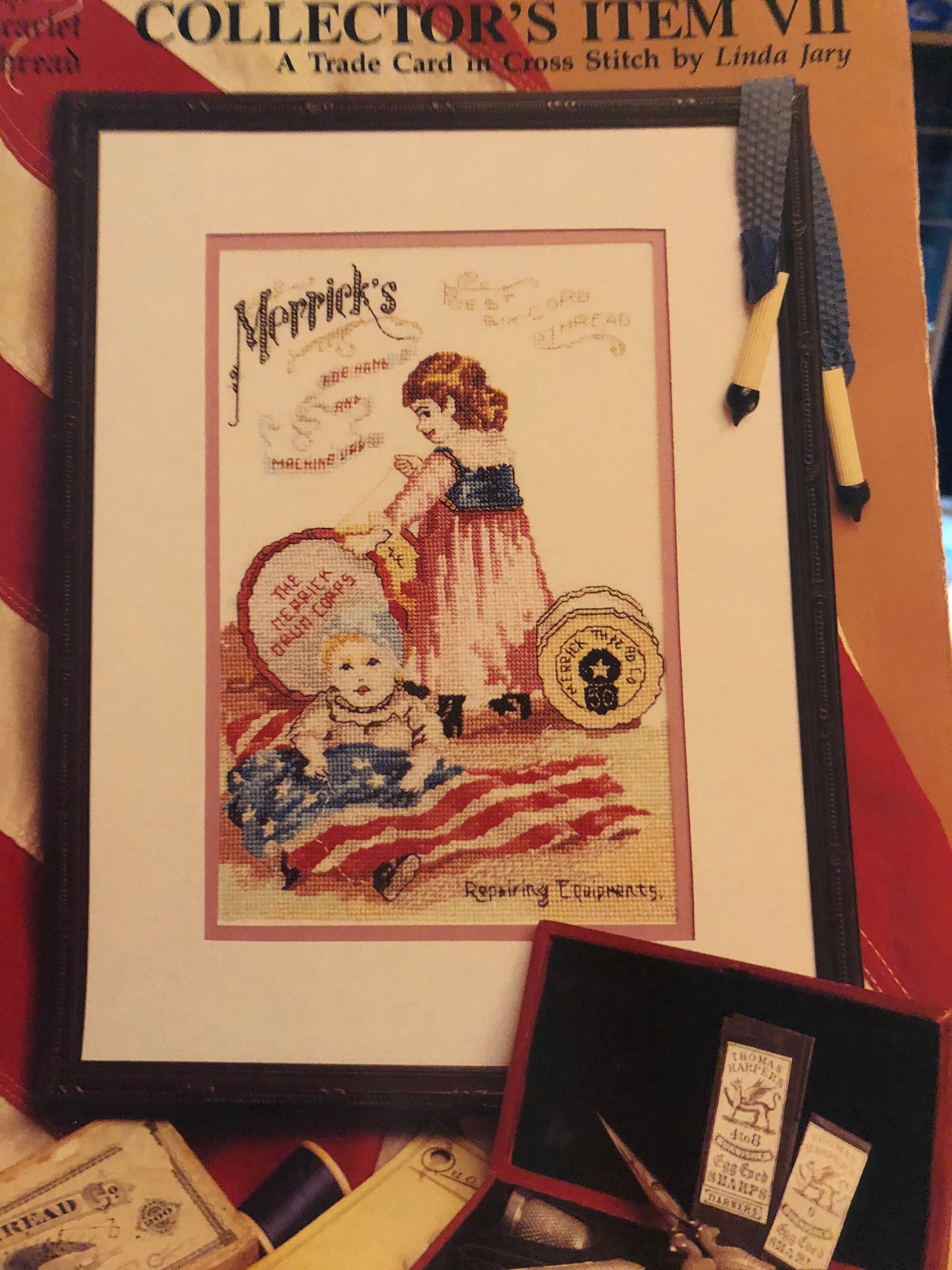Collector's Item VII...Trade Card...Scarlet Thread...OOP Vintage 1987 Leaflet American Flag...Doll...Spool of Thread