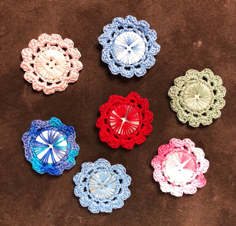 Hand Crochet Flower Buttons.Set of Three. Button Collector...Crochet Collector