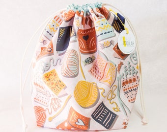 Project Bag - Coffee & Knitting - knitting accessories, knitting project bag, crochet project bag, gift for knitter, gift for crocheter