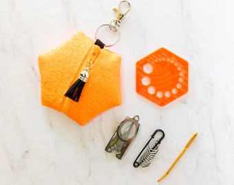 Hexagon Knitting Kits - Glitters - Neon Orange - gift for knitter, needle gauge, stitch markers, knitting accessories, stocking stuffer