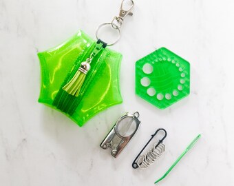 Hexagon Knitting Kits - Sparkle Jelly - Green - gift for knitter, needle gauge, stitch markers, knitting accessories, stocking stuffer