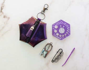 Hexagon Knitting Kits - Metallic Pearl - Purple - gift for knitter, needle gauge, stitch markers, knitting accessories, stocking stuffer