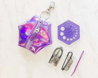 Hexagon Knitting Kits - Holographic Solid - Purple - gift for knitter, needle gauge, stitch markers, knitting accessories