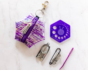 Hexagon Knitting Kits - Holographic Lines - Purple - gift for knitter, needle gauge, stitch markers, knitting accessories, stocking stuffer