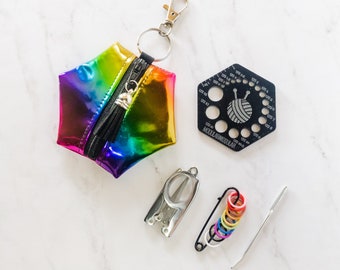 Hexagon Knitting Kits - Rainbow Stripes - Mirror Rainbow - gift for knitter, needle gauge, stitch markers, knitting accessories