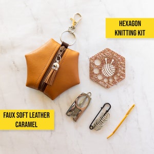 Hexagon Knitting Kits - Faux Soft Leather - Caramel - gift for knitter, needle gauge, stitch markers, knitting accessories, stocking stuffer
