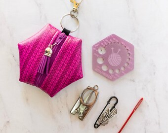 Hexagon Knitting Kits - Fuchsia Knit - gift for knitter, needle gauge, stitch markers, knitting accessories, stocking stuffer