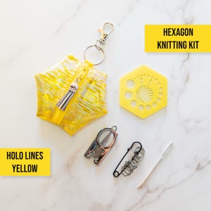 Hexagon Knitting Kits - Holo Lines - Yellow - gift for knitter, needle gauge, stitch markers, knitting accessories, stocking stuffer