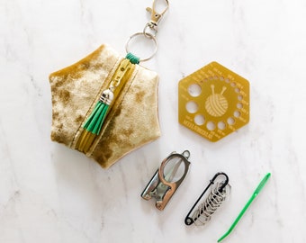 Hexagon Knitting Kits - Christmas - Crushed Velvet Jingle Bell Gold - gift for knitter, needle gauge, knitting accessories, stocking stuffer