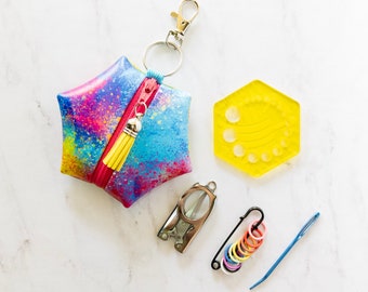 Hexagon Knitting Kits - CMY Paint Splatters - gift for knitter, needle gauge, stitch markers, knitting accessories, stocking stuffer