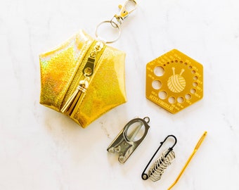 Hexagon Knitting Kits - Holo Pixel - Gold - gift for knitter, needle gauge, stitch markers, knitting accessories, stocking stuffer