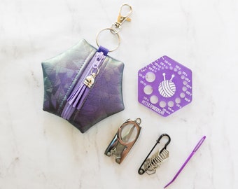 Hexagon Knitting Kits - Shatter - Lavender/Green - gift for knitter, needle gauge, stitch markers, knitting accessories, stocking stuffer