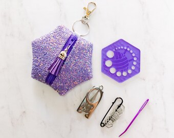 Hexagon Knitting Kits - Glitters - Lavender Dreams - gift for knitter, needle gauge, stitch markers, knitting accessories, stocking stuffer