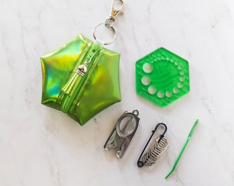 Hexagon Knitting Kits - Holographic Solid - Green - gift for knitter, needle gauge, stitch markers, knitting accessories, stocking stuffer