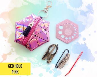 Hexagon Knitting Kits - Geometric Holo - Pink - gift for knitter, needle gauge, stitch markers, knitting accessories, stocking stuffer