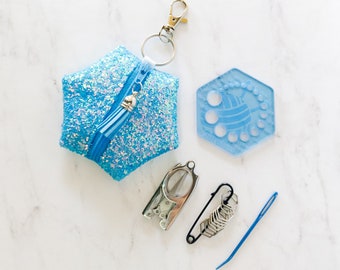 Hexagon Knitting Kits - Glitters - Summer Sky Blue - gift for knitter, needle gauge, stitch markers, knitting accessories