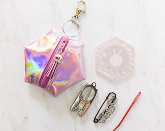 Hexagon Knitting Kits - Holographic Solid - Rose - gift for knitter, needle gauge, stitch markers, knitting accessories, stocking stuffer